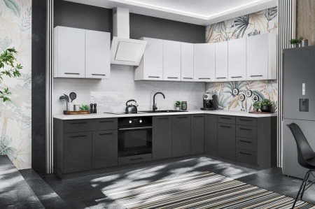 Zestaw mebli kuchennych, 220 cm, biały, szary grafit, mat