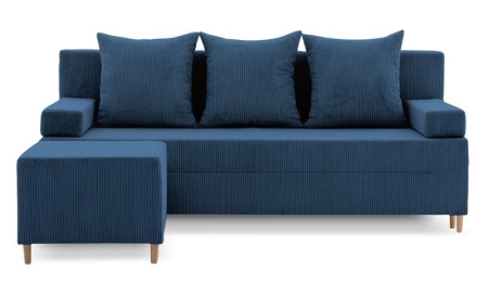 Kanapa z pufą, trzyosobowa, 3w1, sztruks, PANORA, 191x92x92 cm, granatowy
