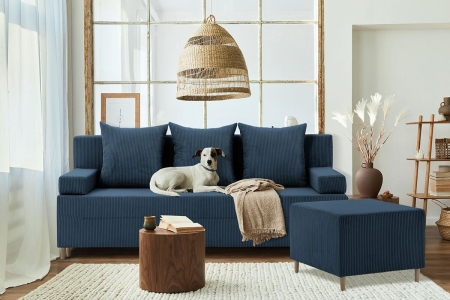 Kanapa z pufą, trzyosobowa, 3w1, sztruks, PANORA, 191x92x92 cm, granatowy