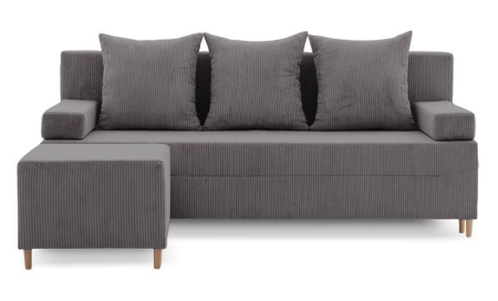 Kanapa z pufą, trzyosobowa, 3w1, sztruks, PANORA, 191x92x92 cm, ciemny szary