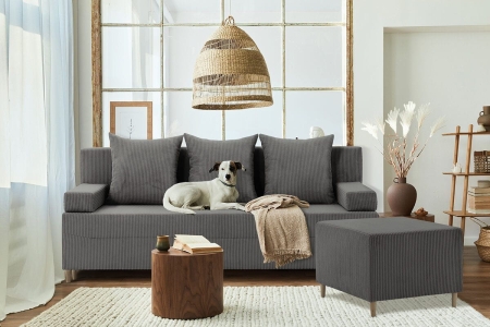 Kanapa z pufą, trzyosobowa, 3w1, sztruks, PANORA, 191x92x92 cm, ciemny szary