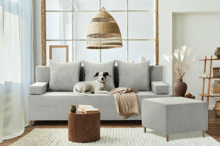 Kanapa z pufą, trzyosobowa, 3w1, sztruks, PANORA, 191x92x92 cm, jasny szary