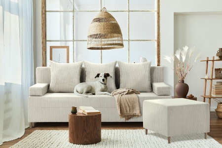 Kanapa z pufą, trzyosobowa, 3w1, sztruks, PANORA, 191x92x92 cm, beżowy