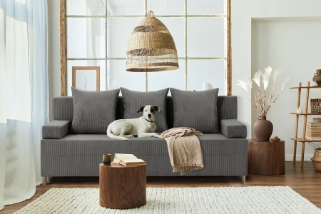 Kanapa rozkładana do salonu, sztruks, PANORA, 191x92x92 cm, ciemny szary