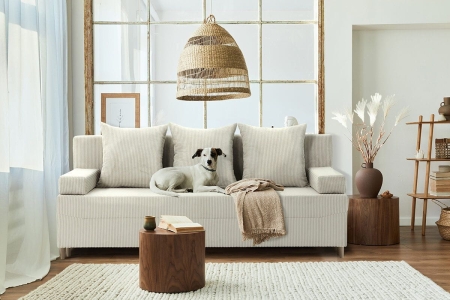 Kanapa rozkładana do salonu, sztruks, PANORA, 191x92x92 cm, beżowy