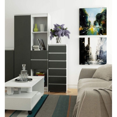 Wąska komoda do salonu, STILO, 40x35x109 cm, biały, grafit szary, mat