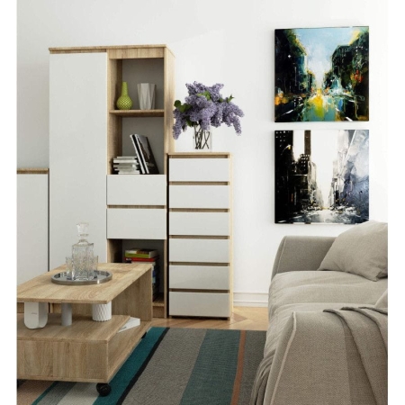 Wąska komoda do salonu, STILO, 40x35x109 cm, dąb sonoma, biały, mat