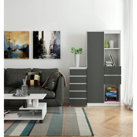 Wąska komoda, STILO, 5 szuflad, 40x35x92 cm, biały, grafit szary, mat