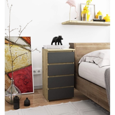 Szafka do sypialni, STILO, 4 szuflady, 40x35x74 cm, dąb artisan, grafit szary, mat
