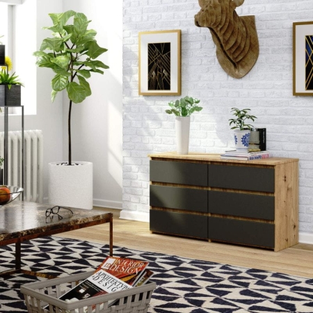 Komoda do sypialni, 6 szuflad, STILO, 100x35x57 cm, dąb artisan, grafit, mat