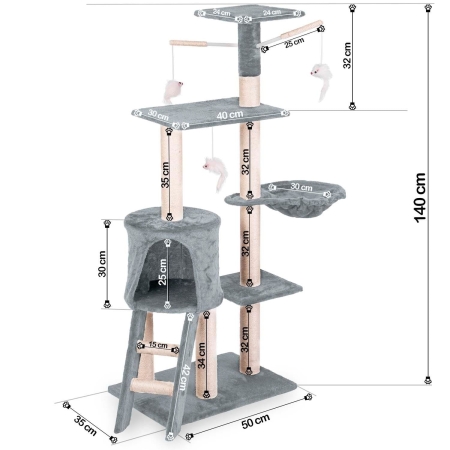 Drapak dla kota z myszką, 140 cm, DR-267, Pethaus, jasny szary