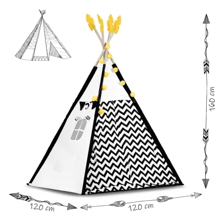 Namiot tipi dla dzieci z girlandą i światełkami, Nukido, biało-czarny