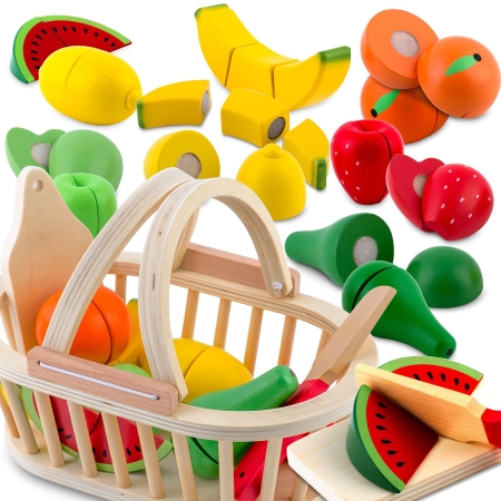Drewniana zabawka, koszyk z owocami do krojenia, 9 szt, RK-870, Ricokids