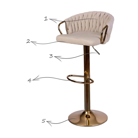 Hoker barowy z oparciem, Elissian, Sofotel, beżowy ze złotą podstawą