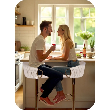 Hoker barowy z oparciem, Elissian, Sofotel, beżowy ze złotą podstawą