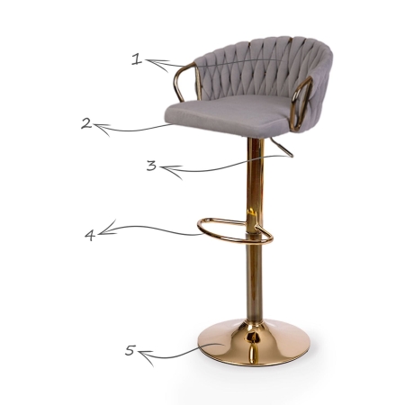 Hoker barowy z oparciem, Elissian, Sofotel szary ze złotą podstawą