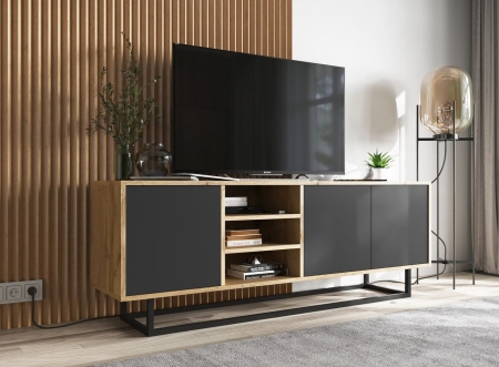 Szafka RTV, loft, NORD, 150x35x53 cm, dąb wotan, czarny, mat