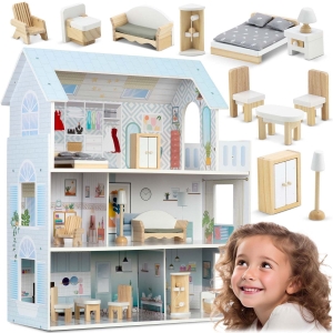 Duży Drewniany domek dla lalek, 3-piętrowy, Ricokids, RK-878