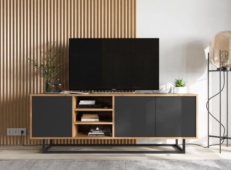 Szafka RTV, loft, NORD, 150x35x53 cm, dąb wotan, czarny, mat