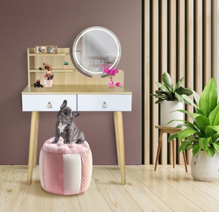 Toaletka z lustrem LED, kosmetyczna, skandynawska, 80x40x122 cm, buk jasny