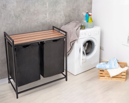 Kosz na pranie z półką, duży, stojący, 73x34x72 cm, jasny brąz, czarny