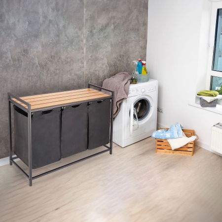 Kosz na pranie z półką, 3 pojemniki, 92x33x72 cm, czarny, jasny brąz