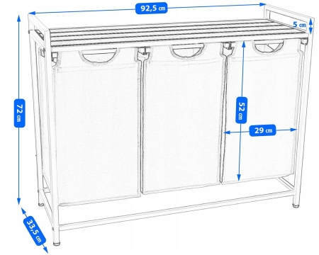 Kosz na pranie z półką, 3 pojemniki, 92x33x72 cm, czarny, jasny brąz