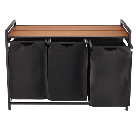 Kosz na pranie z półką, 3 pojemniki, 92x33x72 cm, czarny, jasny brąz