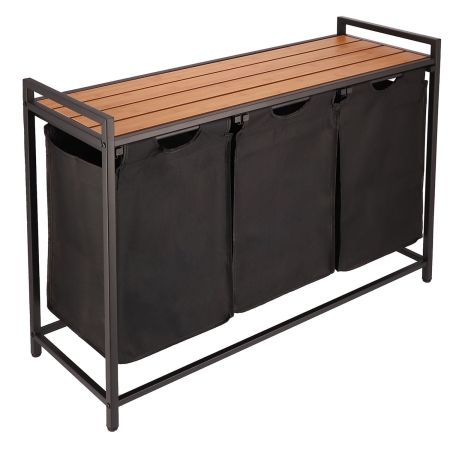 Kosz na pranie z półką, 3 pojemniki, 92x33x72 cm, czarny, jasny brąz