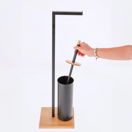 Stojak na papier toaletowy, szczotka wc, metal, bambus, 70 cm, czarny