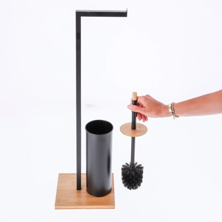 Stojak na papier toaletowy, szczotka wc, metal, bambus, 70 cm, czarny