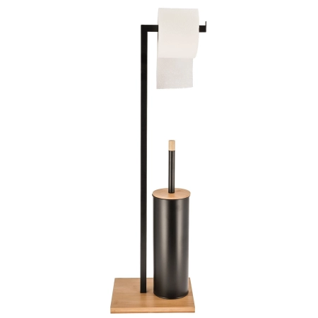 Stojak na papier toaletowy, szczotka wc, metal, bambus, 70 cm, czarny