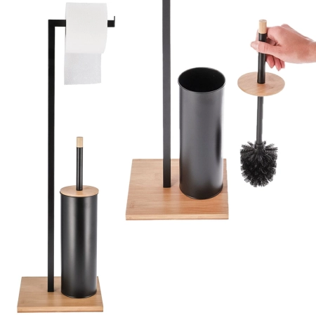 Stojak na papier toaletowy, szczotka wc, metal, bambus, 70 cm, czarny