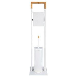 Stojak na papier toaletowy, szczotka wc, metal, bambus, 76 cm, biały