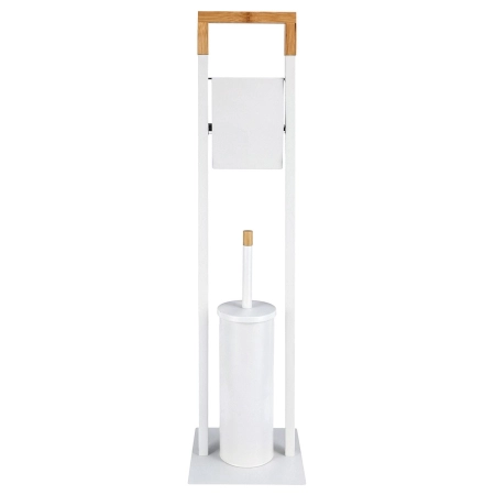 Stojak na papier toaletowy, szczotka wc, metal, bambus, 76 cm, biały