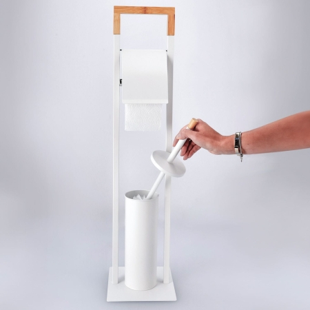 Stojak na papier toaletowy, szczotka wc, metal, bambus, 76 cm, biały