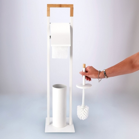 Stojak na papier toaletowy, szczotka wc, metal, bambus, 76 cm, biały