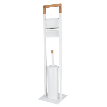 Stojak na papier toaletowy, szczotka wc, metal, bambus, 76 cm, biały