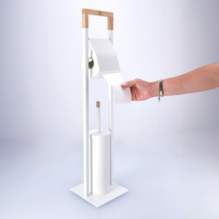 Stojak na papier toaletowy, szczotka wc, metal, bambus, 76 cm, biały