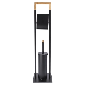 Stojak na papier toaletowy, szczotka wc, metal, bambus, 76 cm, czarny, jasny brąz