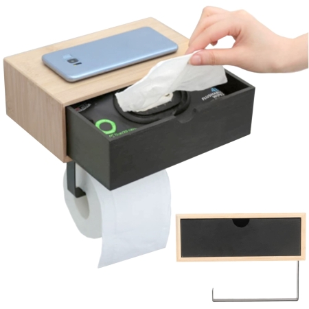 Uchwyt na papier toaletowy, półka, schowek, 13x16x22 cm, czarny