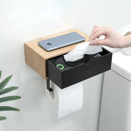 Uchwyt na papier toaletowy, półka, schowek, 13x16x22 cm, czarny