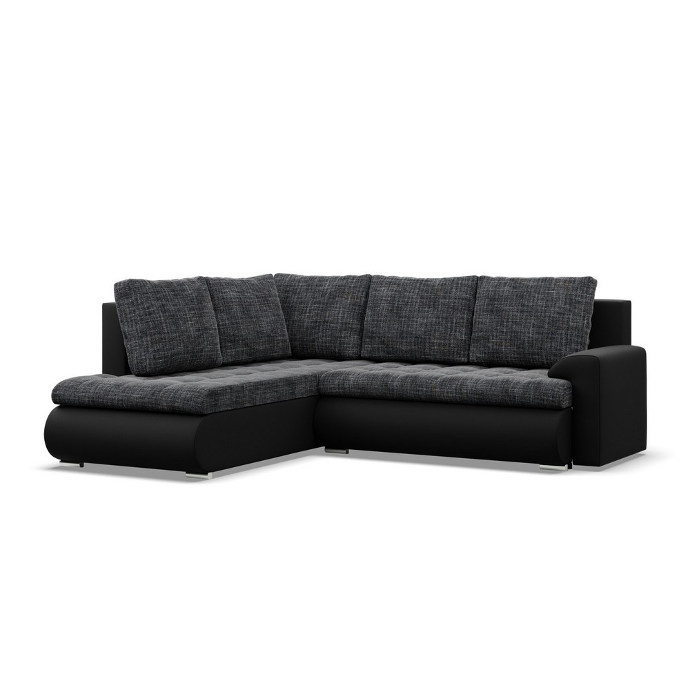 Narożnik z otomaną, lewy, BOSCO, ekoskóra, plecionka, 230x200x89 cm, czarny, ciemny szary