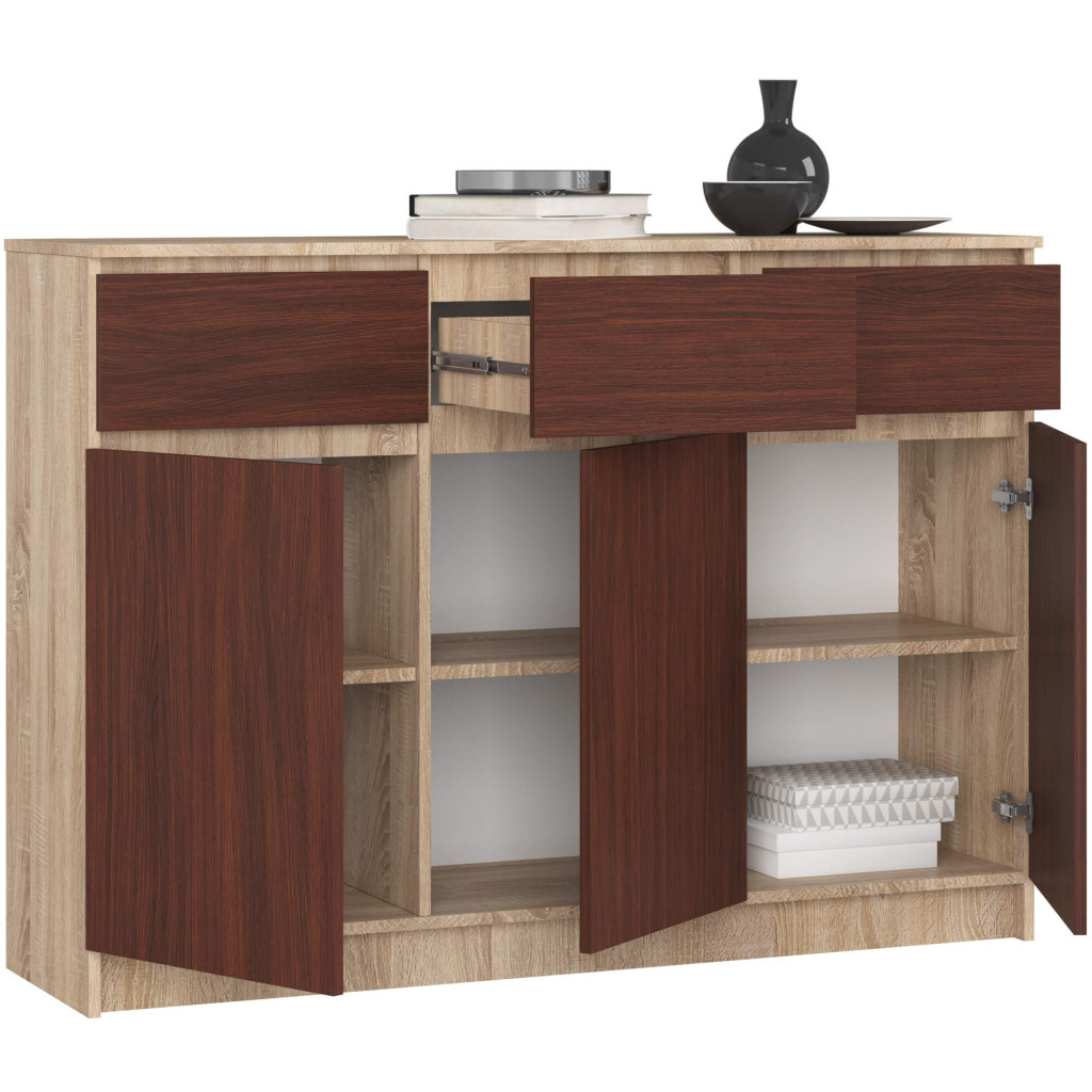 Komoda, 3 szuflady, 3 drzwi, ATLAS, 140x40x99 cm, dąb sonoma, wenge, mat
