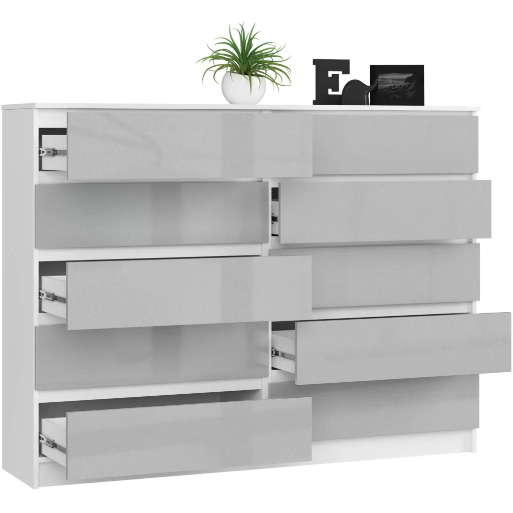Komoda do sypialni, 10 szuflad, STILO, 160x40x121 cm, biel, metalik, połysk