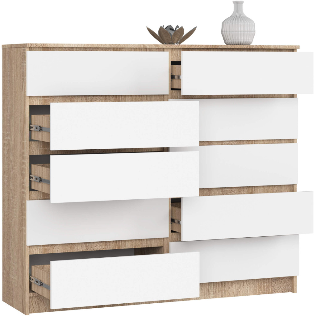 Komoda do sypialni, STILO, 10 szuflad, 140x40x121 cm, dąb sonoma, biel, mat