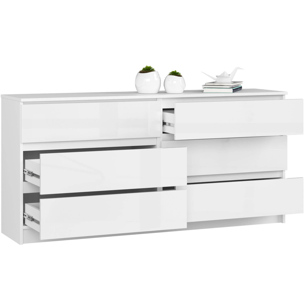 Komoda do sypialni, STILO, 6 szuflad, 160x40x77 cm, biel, połysk