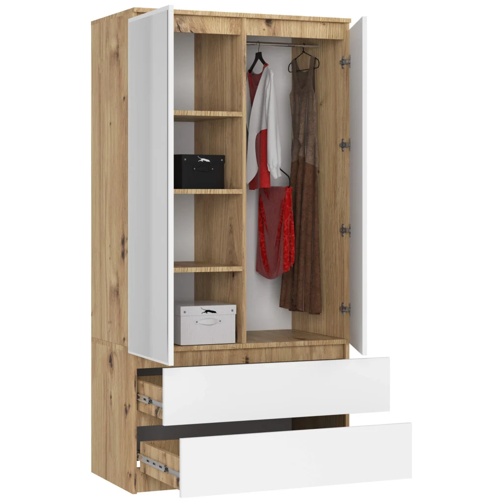 Szafa do sypialni, 2 szuflady, lustro, DORMI, 90x51x180 cm, biel, dąb artisan, mat