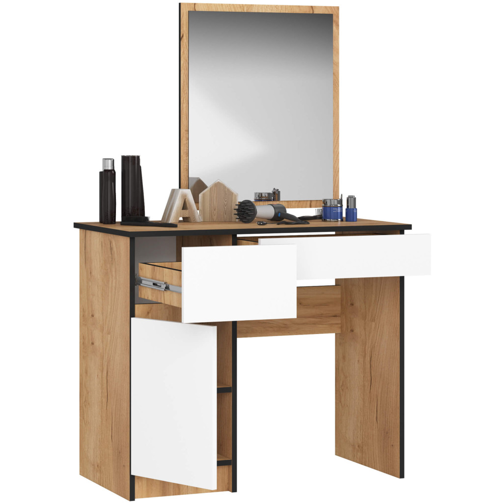 Toaletka kosmetyczna, małe lustro, lewa, ALINA, 90x50x142 cm, biel, dąb craft, mat