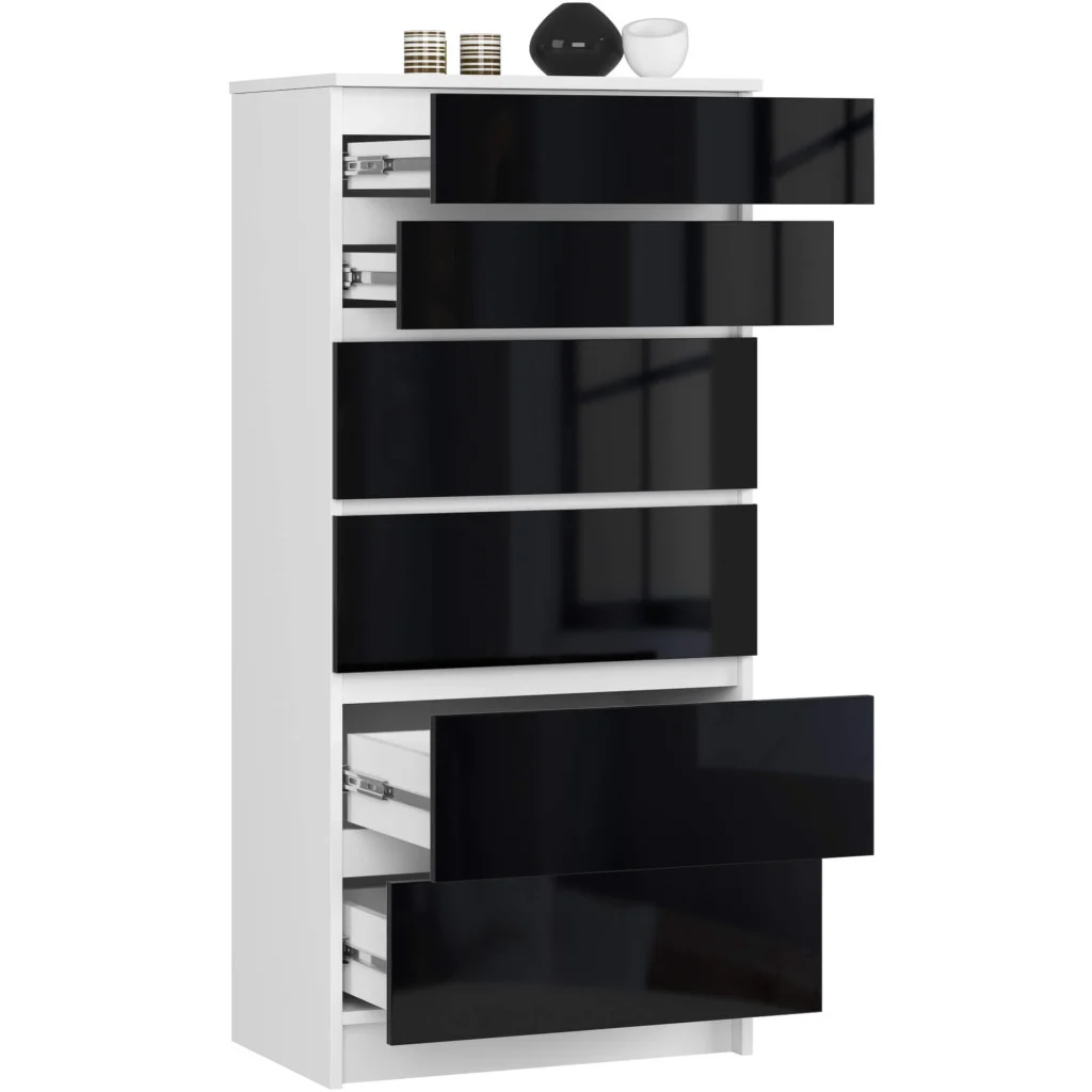 Komoda do sypialni, pokoju, 6 szuflad, STILO, 60x40x130 cm, czarny, połysk